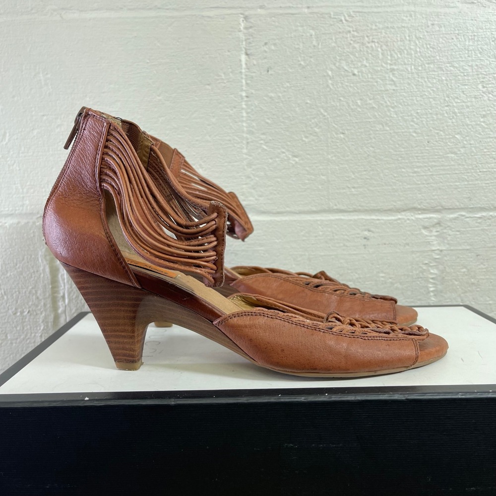 Miz Mooz Brown Leather Strappy Braided Kitten Heels Gladiator Zip Women's 10 US